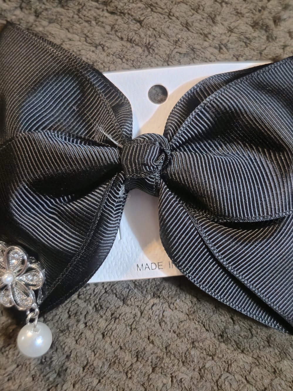 Butterfly Black Satin Bow Hair Clip with Pearl Charm